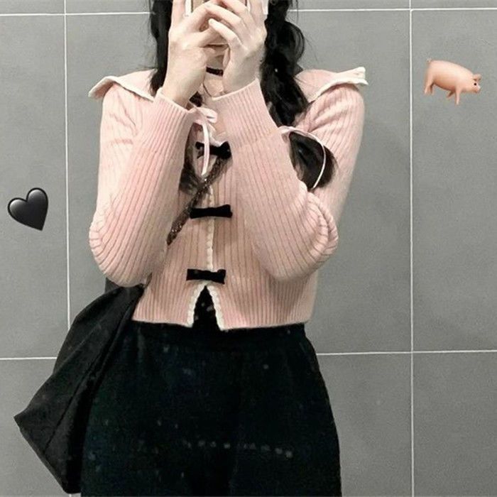 秋季純欲風辣妹溫柔風甜美日系顯瘦蝴蝶結海軍領修身短款針織衫女