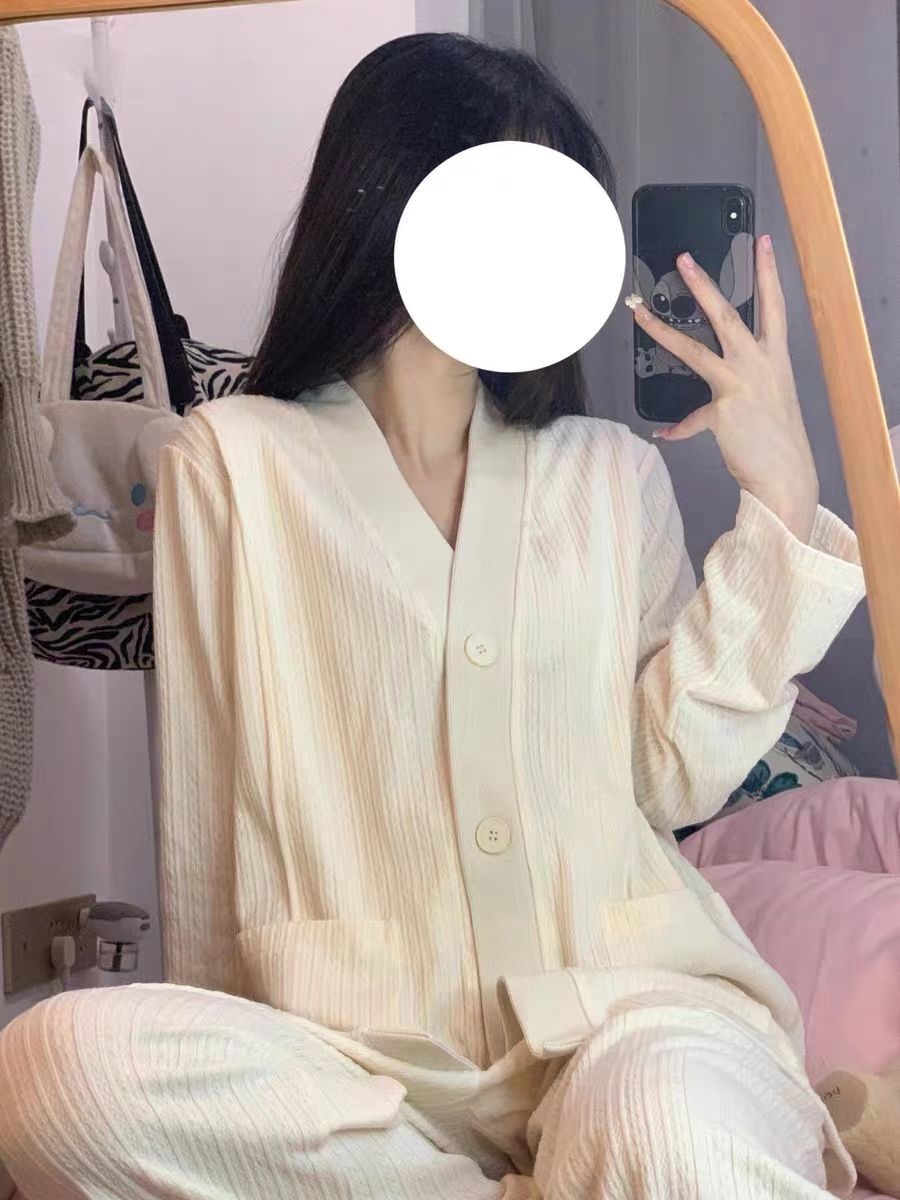 日系睡衣女春秋款簡約純色寬鬆休閒長袖薄款秋季家居服套裝可外穿