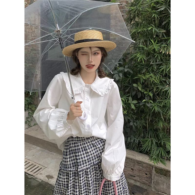 復古娃娃領白色襯衫女春秋季新款設計感小眾洋氣減齡長袖內搭襯衣