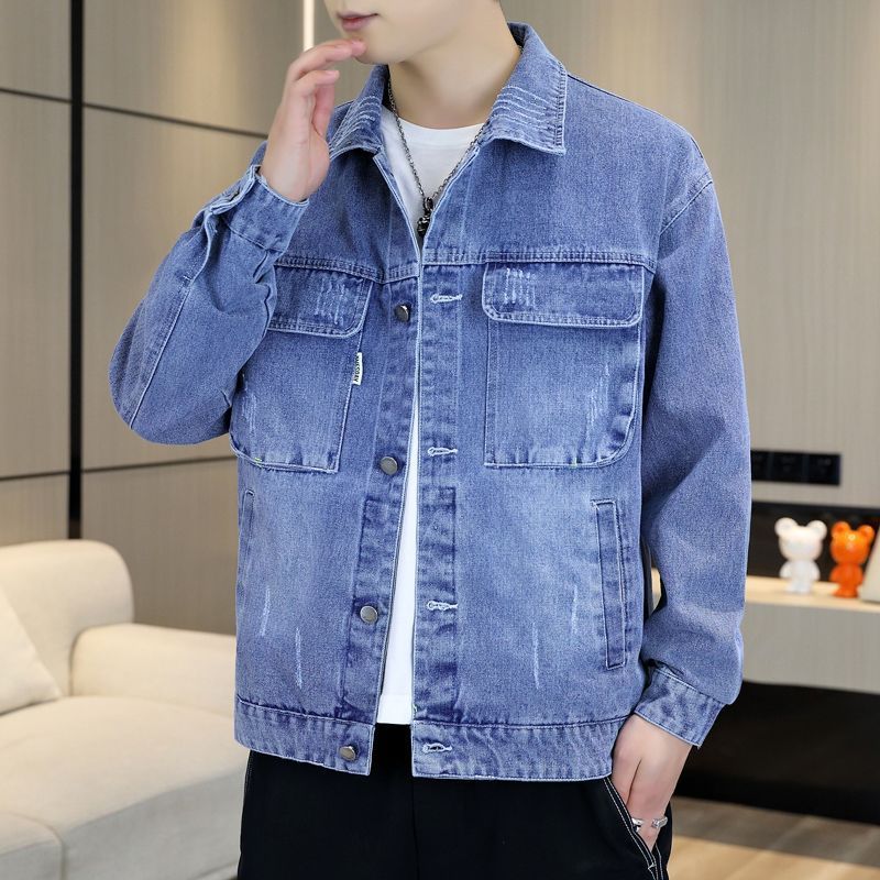 牛仔外套男士春秋2023新款純色美式水洗夾克潮牌翻領學生秋裝上衣