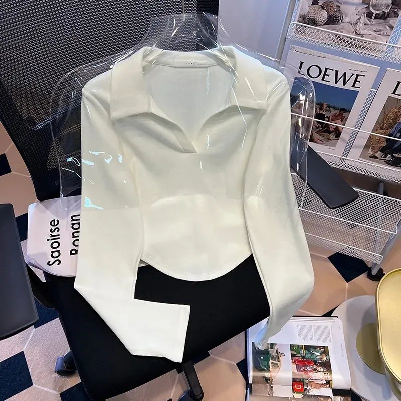 白色polo領長袖t恤女2023秋季新款純欲性感修身小眾短款翻領上衣