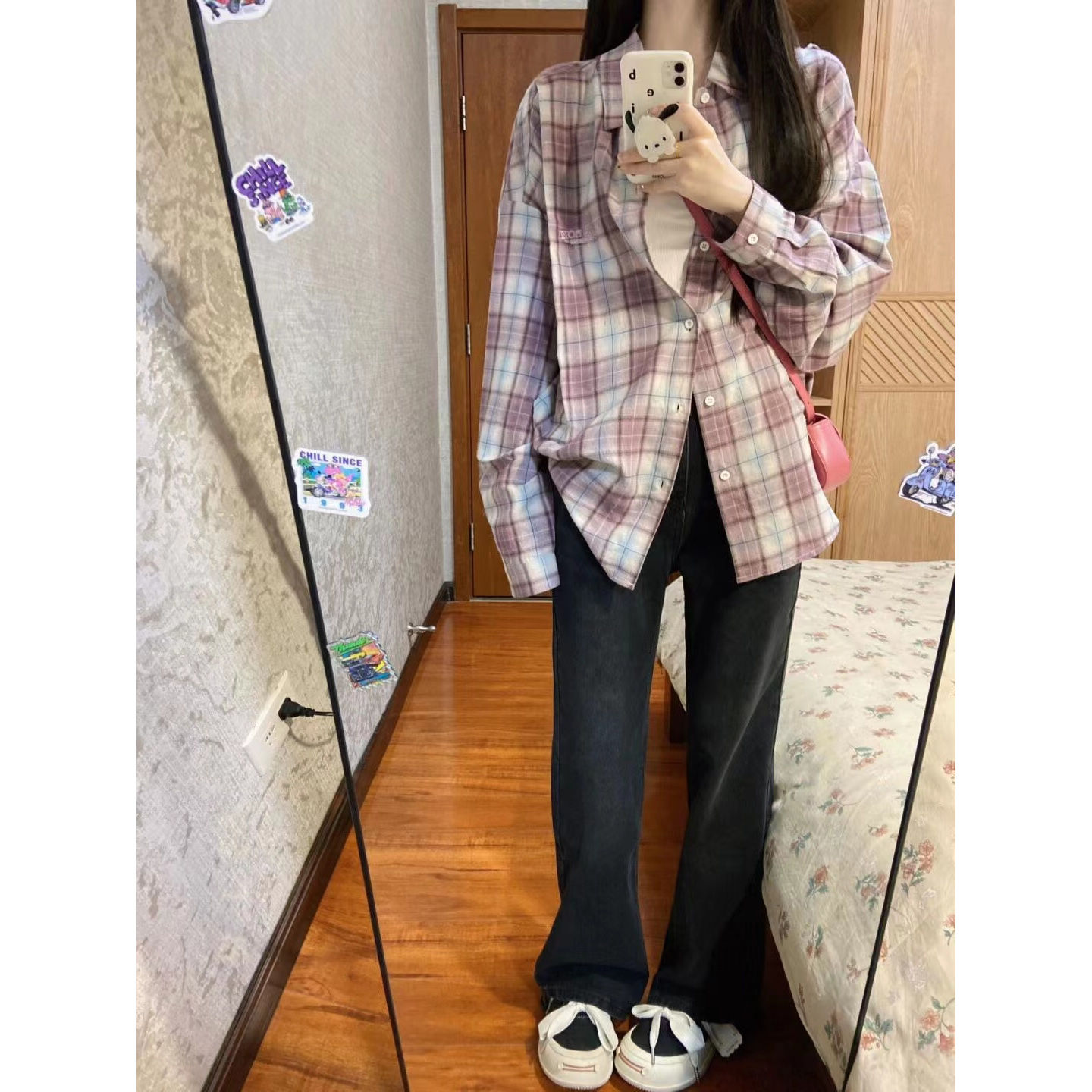 香芋紫格紋長袖襯衫女早秋季2023新款國潮休閒寬鬆情侶百搭上衣潮