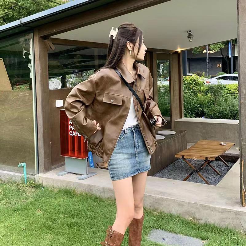美式復古咖色PU皮衣外套秋季2023新款女裝甜酷風寬鬆機車夾克上衣