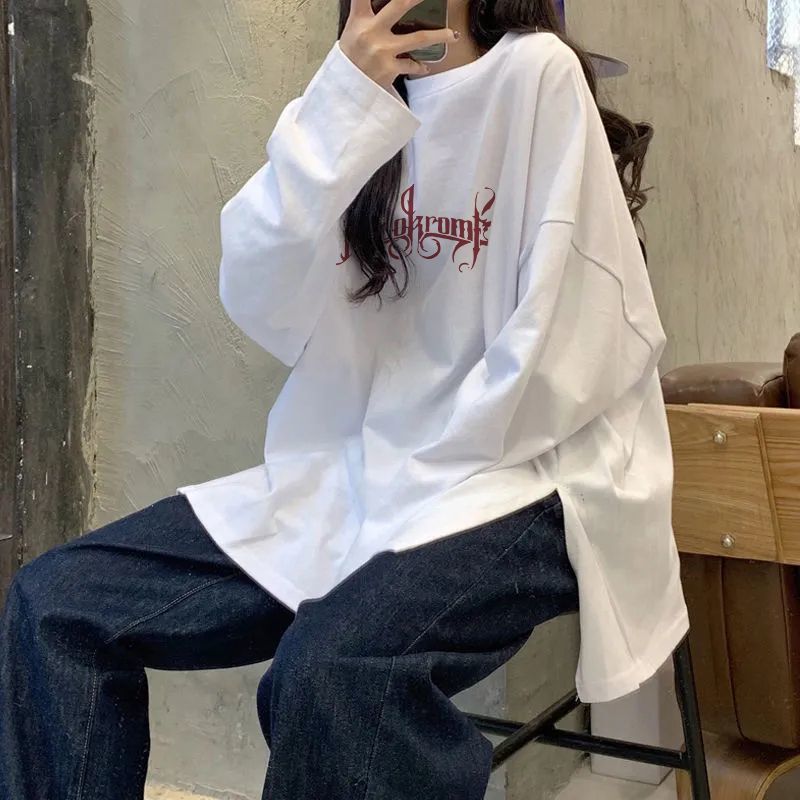 100%純棉兩側開叉長袖t恤女秋季新款寬鬆百搭ins打底衫氣質上衣潮