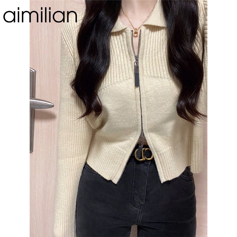aimilian日系復古polo領針織開衫女春秋慵懶風高級感拉鏈毛衣外套
