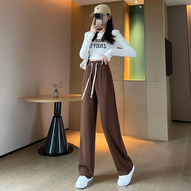 窄版闊腿褲女2023新款春秋冬加絨加厚直筒高腰寬鬆拖地長褲休閒褲