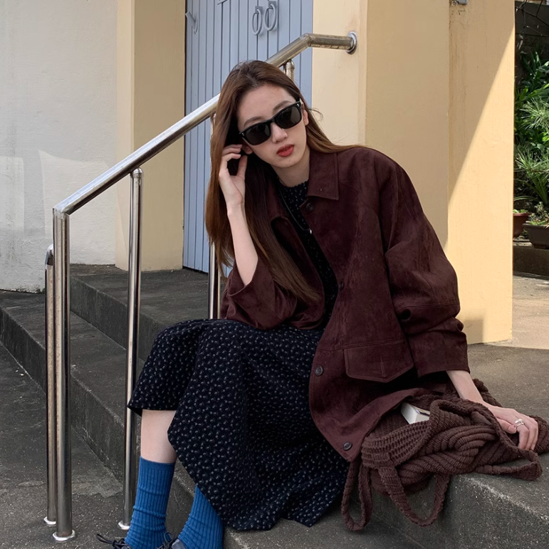 HelloooEat Autumn and Winter Retro Suede Jacket 2023 Korean Style Lapel Loose Versatile Mid-Length Jacket