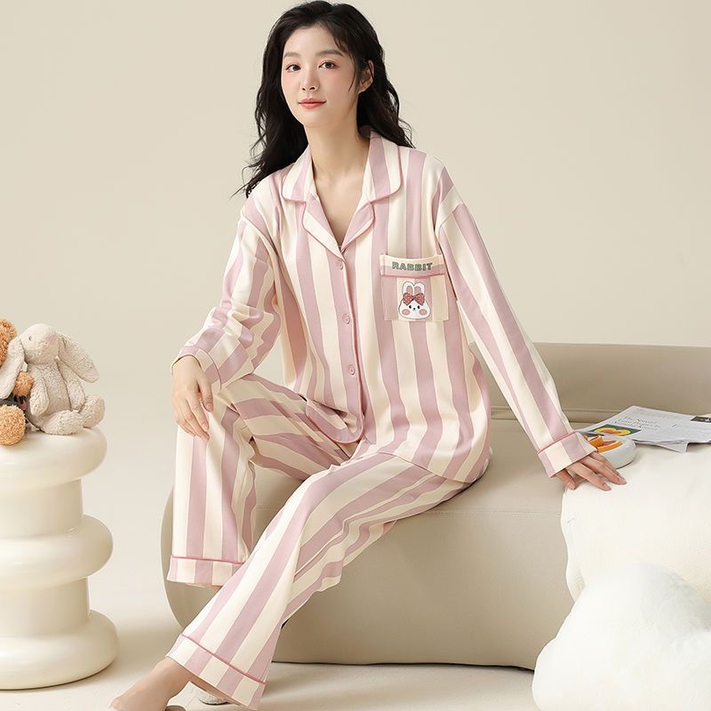 高檔純棉睡衣女春秋款休閒開衫長袖寬鬆套裝冬天月子家居服可外穿