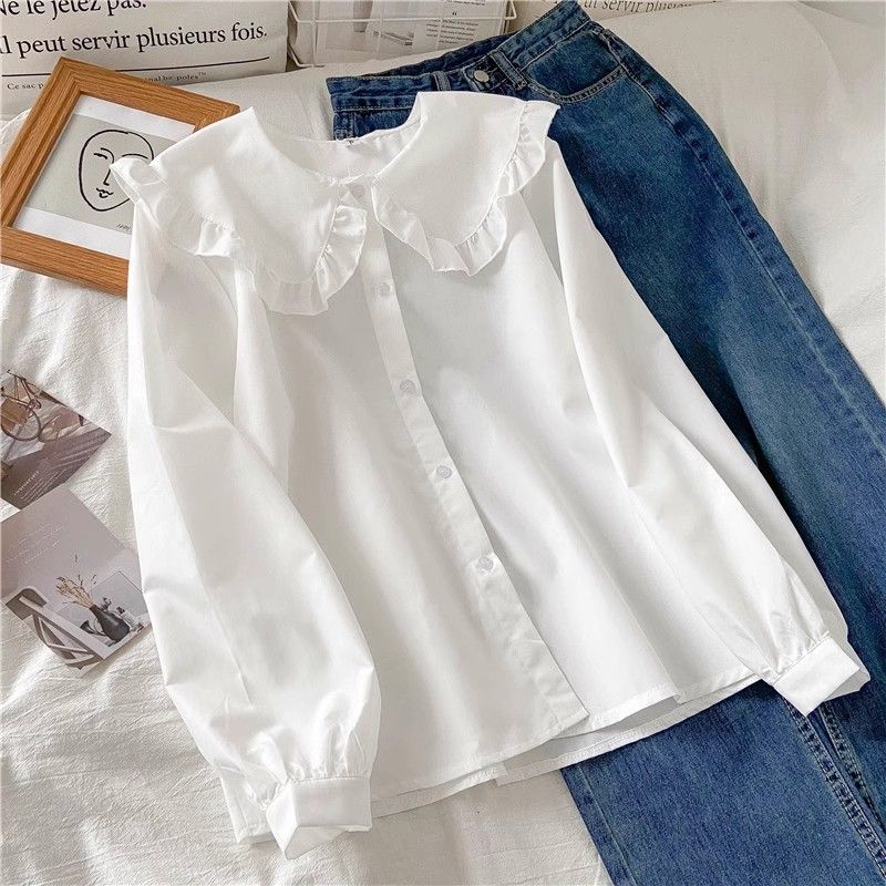 白色娃娃领长袖衬衫女初秋季新款洋气减龄衬衣设计感显瘦叠穿上衣