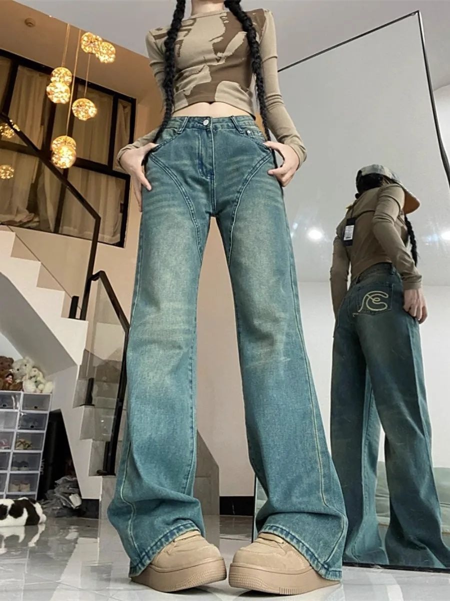 復古美式做舊微喇叭牛仔褲女2023秋季新款高腰顯瘦直筒拖地長褲潮