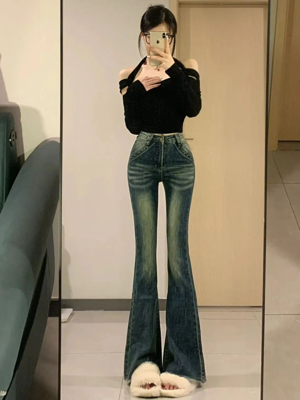 復古辣妹高腰設計感微喇牛仔褲女2023秋季新款修身顯瘦直筒拖地褲