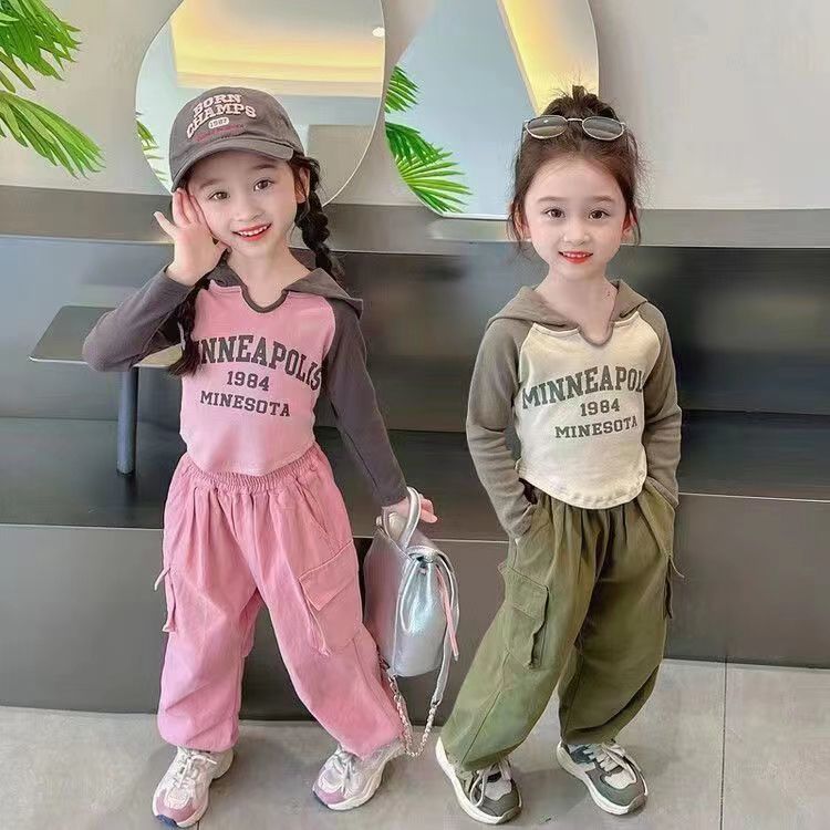 Girls Overalls Suit 2023 Children's Autumn Fashionable Cartoon Long Sleeve Hoodie Fashionable Two-piece Set for Children