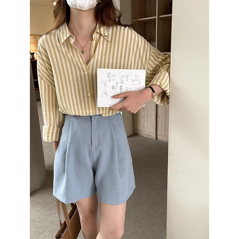 韓版透氣薄款條紋襯衫女設計感寬鬆長袖防曬上衣春秋季慵懶風襯衣