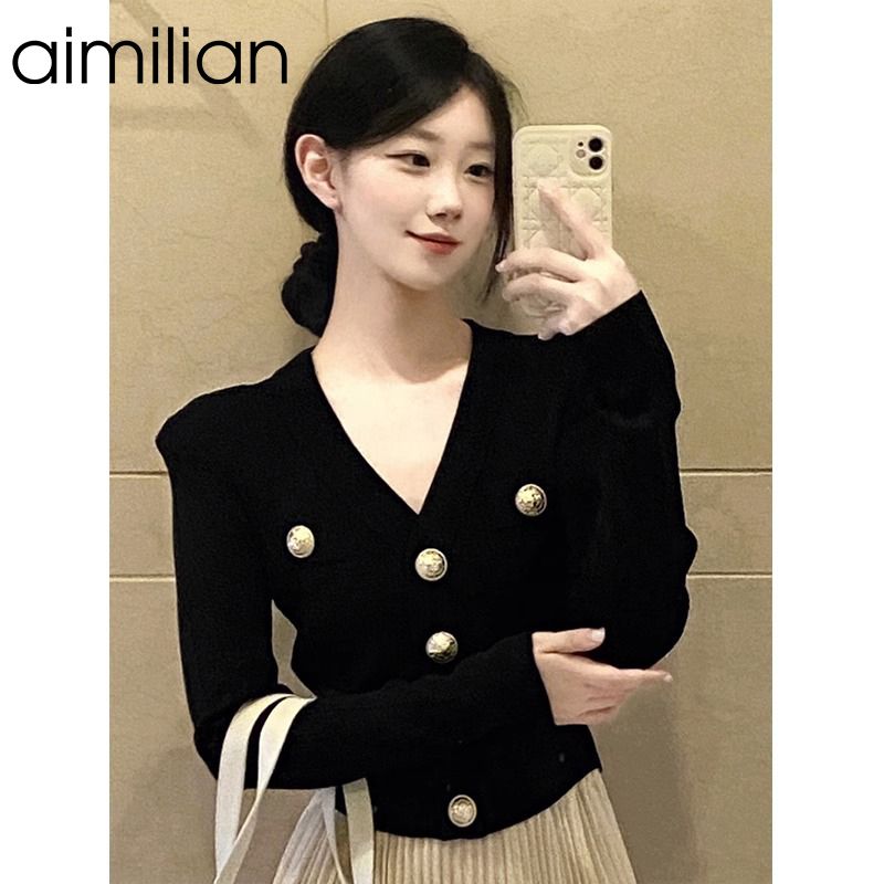 aimilian法式黑色v領小香風針織開衫女春秋修身毛衣外套短款上衣
