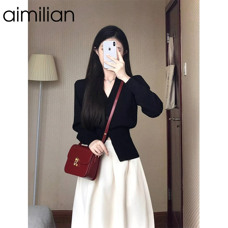 aimilian法式復古黑色針織開衫女春秋季修身顯瘦短款毛衣長袖上衣