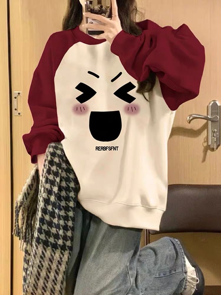 潮牌撞色插肩圓領衛衣女秋季2023新款爆款寬鬆慵懶風甜美印花上衣