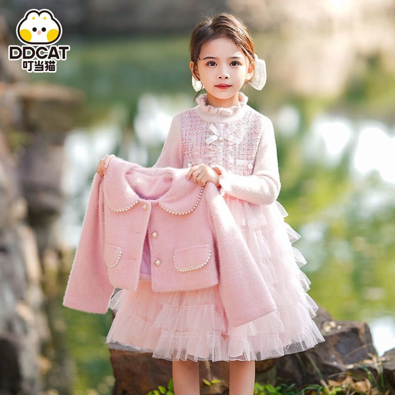 Jingle Cat Girls' Suit Skirt Autumn and Winter Thickened Children's Clothes Little Fragrant Princess Children's Winter Skirt Two-piece Set Winter Style