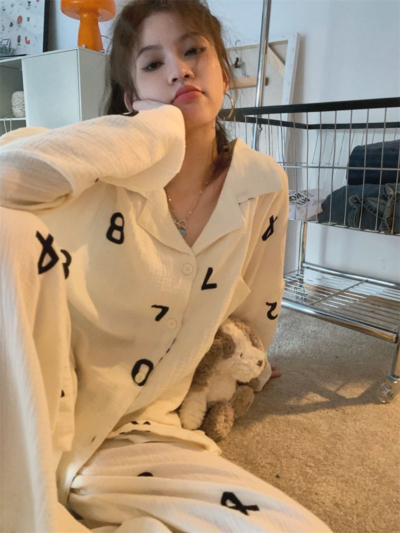 簡約字母數字睡衣女春秋2023新款網紅風長袖長褲可外穿家居服套裝