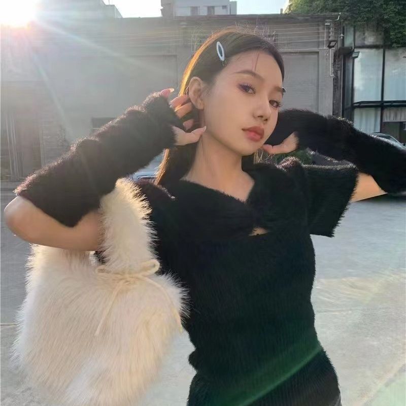 設計感仿貂毛針織衫女秋季配袖套上衣女氣質蝴蝶結甜美小眾毛衣女