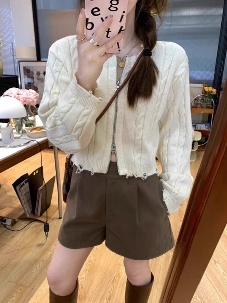 春秋辣妹麻花針織衫圓領破洞拉鏈毛衣小個子短款復古開衫內搭上衣
