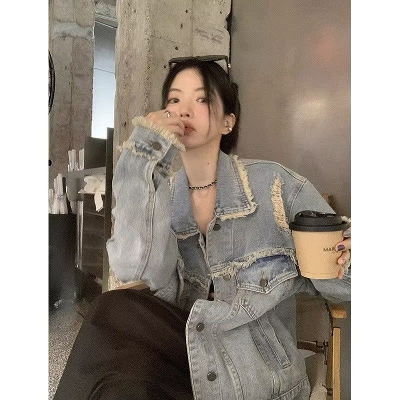 大碼胖妹妹vintage美式復古牛仔外套女春秋新款原宿港風夾克上衣