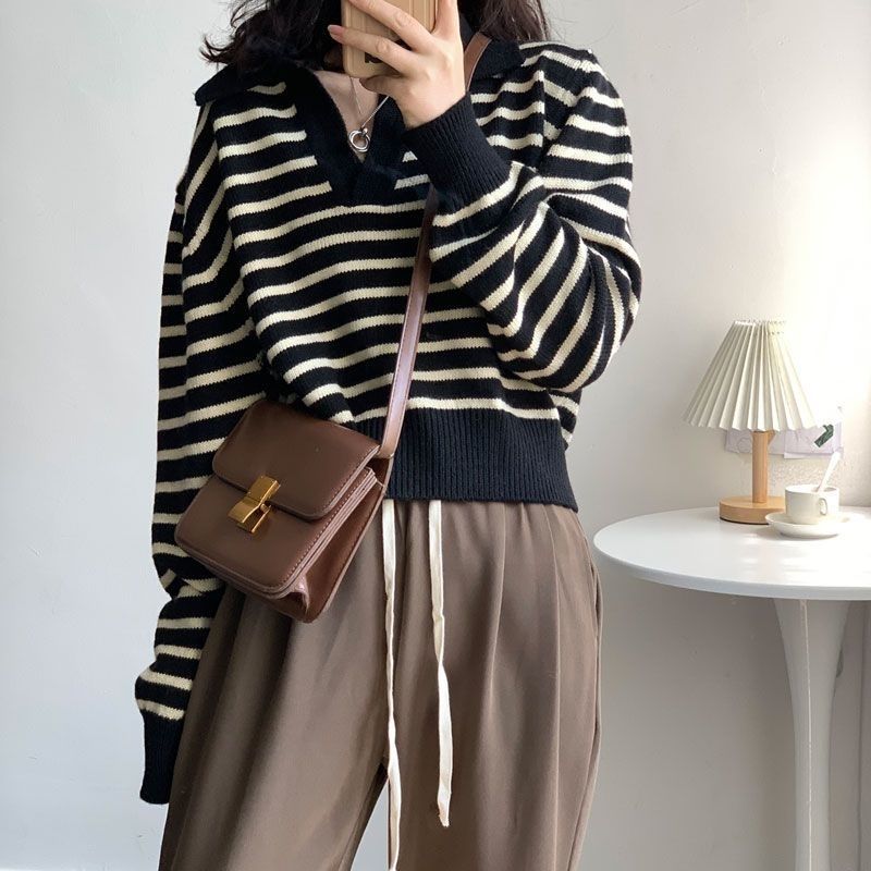 秋冬新款POLO領針織衫女條紋長袖毛衣洋氣短款套頭上衣v領打底衫