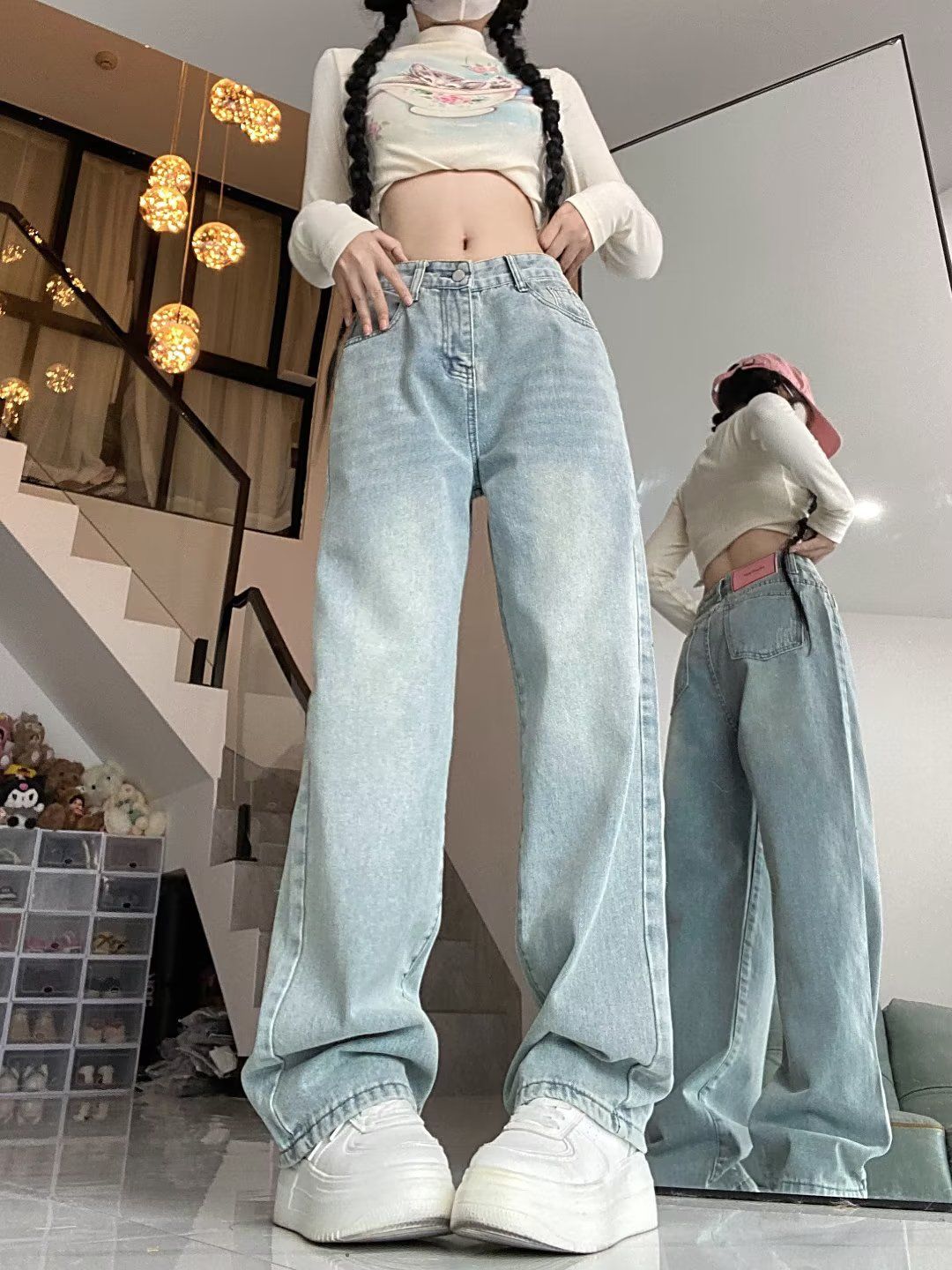 淺色高腰牛仔褲女秋季大碼寬鬆胖mm顯瘦拖地褲設計感闊腿直筒褲子
