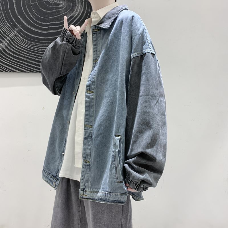港風復古牛仔外套男秋季設計感拼接撞色翻領夾克ins潮牌百搭上衣