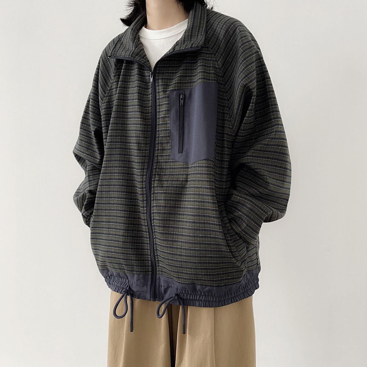 外套男2023秋季新款日系復古立領格紋青少年情侶寬鬆潮牌痞帥夾克