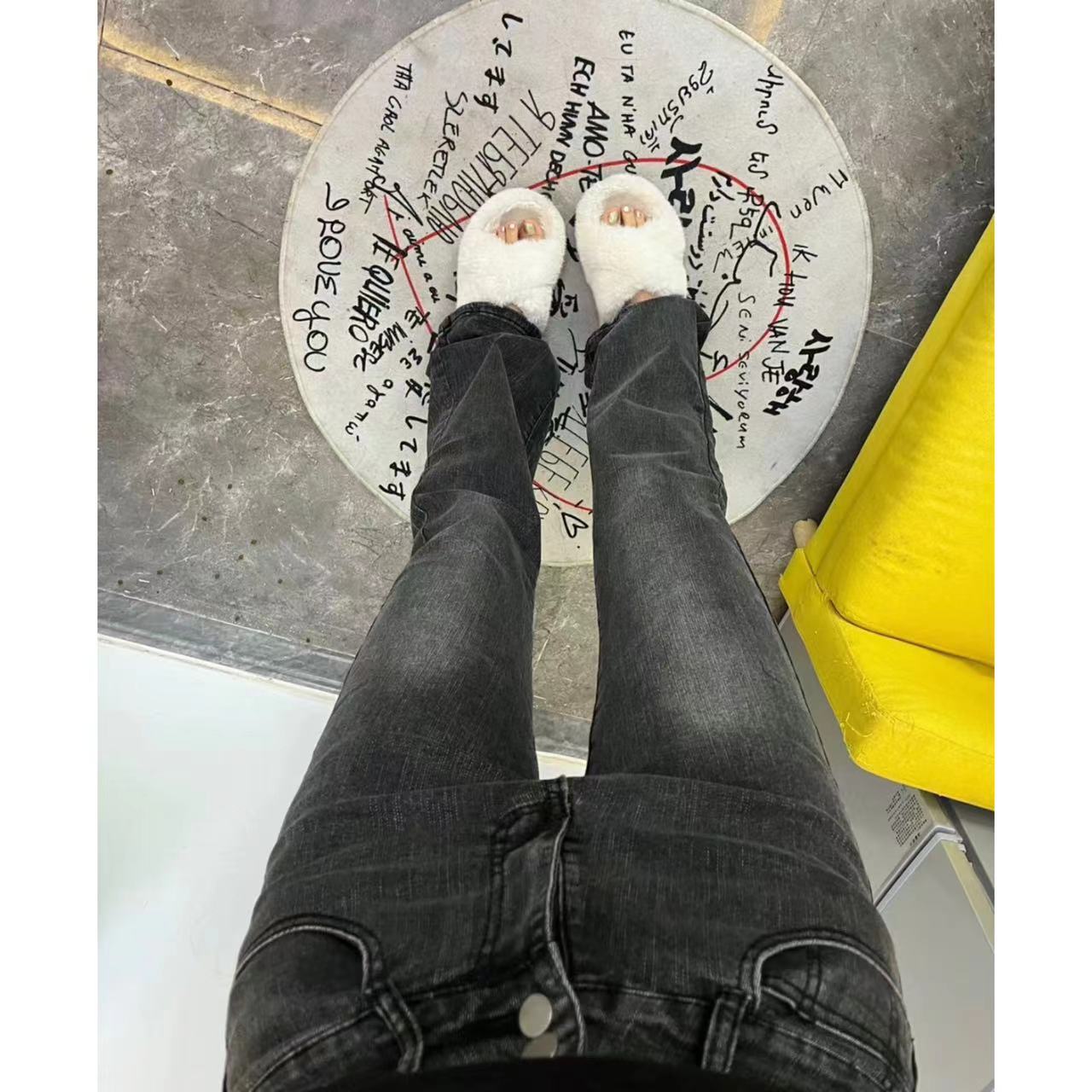 秋冬季美式微喇叭牛仔褲女修身顯示彈力復古拖地加長褲馬蹄褲簡約