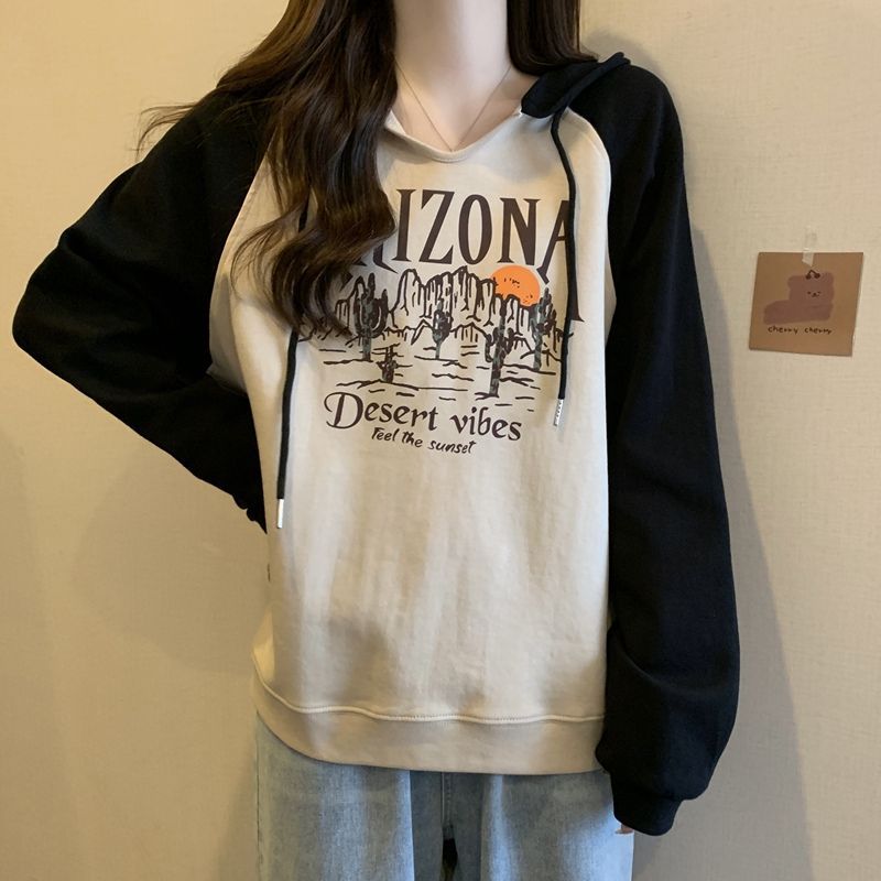 大碼胖mm美式復古印花衛衣女百搭設計感小眾連帽長袖上衣外套女秋
