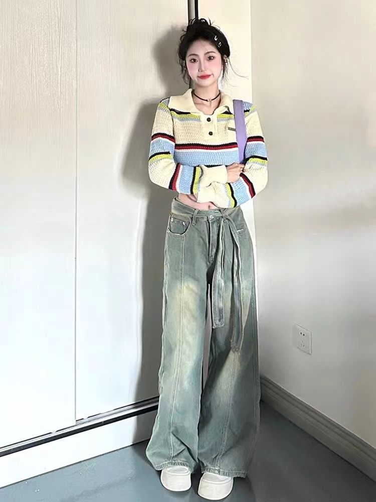 美式復古vibe高街闊腿拖地牛仔褲女做舊高腰直筒垂感寬鬆毛邊長褲