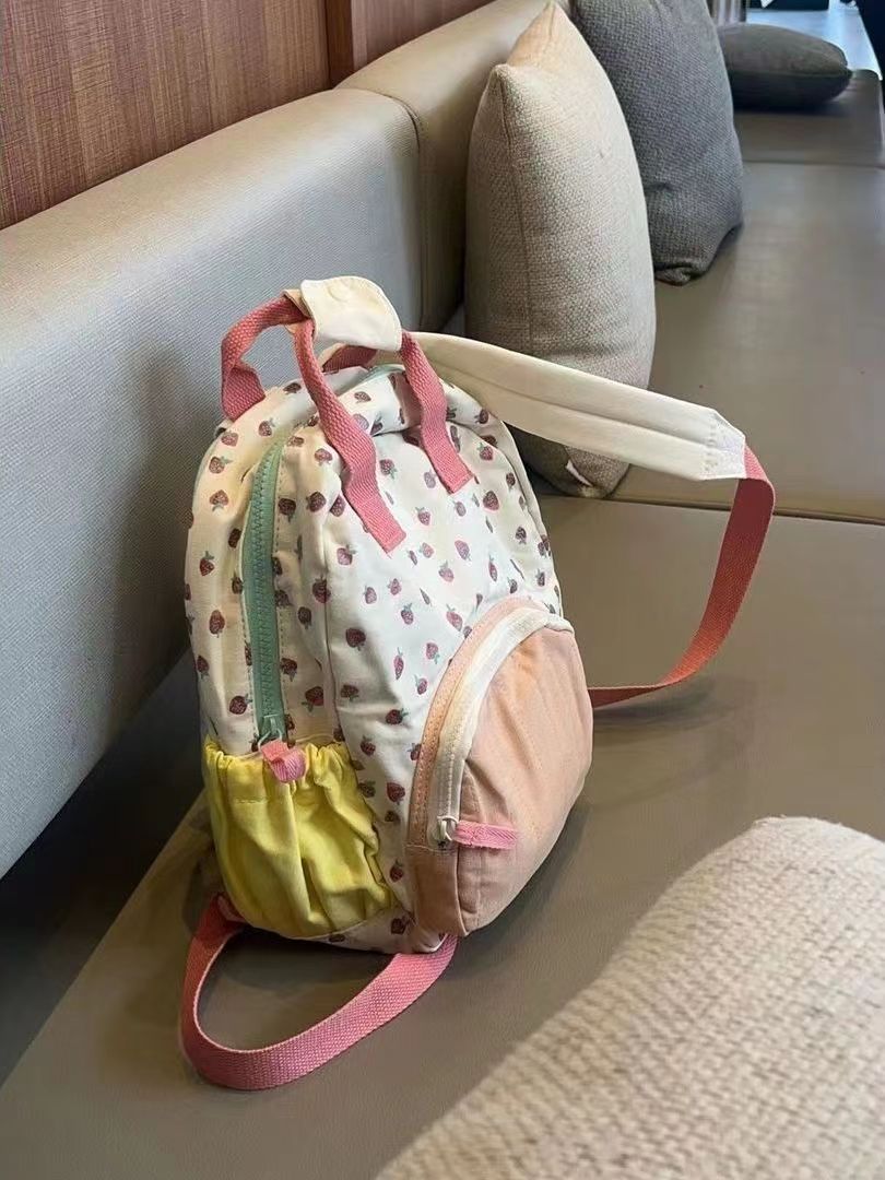 2023 New Canvas Strawberry Backpack for Children and Girls Dopamine Color Matching Backpack Cute Casual Travel School Bag