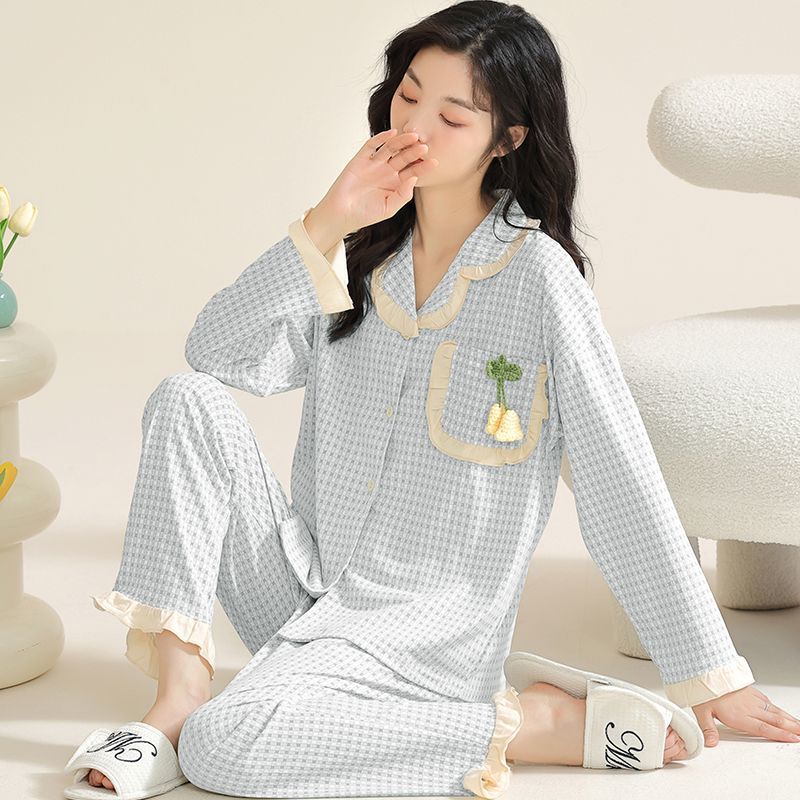新款純棉睡衣女春秋季開衫長袖套裝韓版寬鬆冬天高檔家居服可外穿