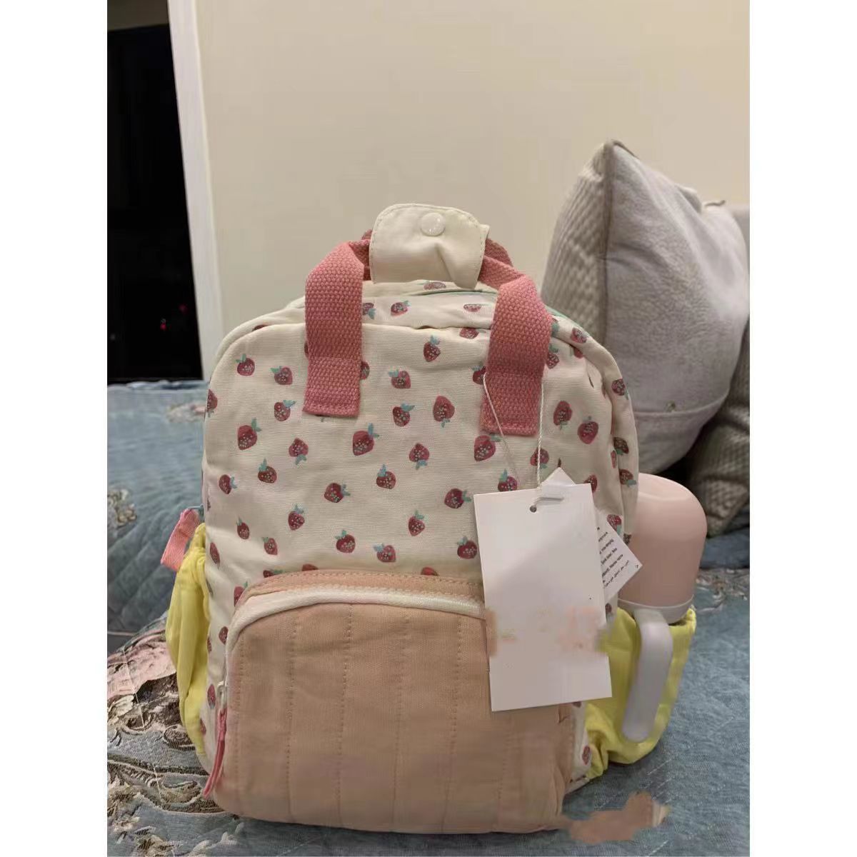 ZA's new canvas strawberry backpack for children and girls dopamine color matching backpack cute casual travel school bag