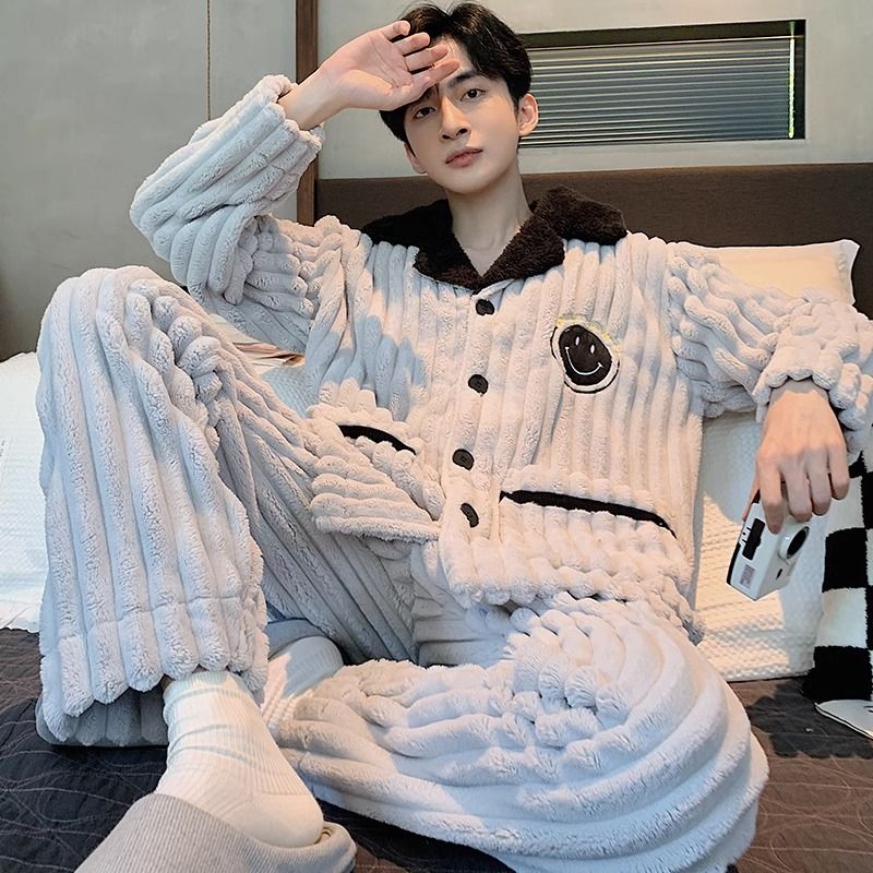 珊瑚絨睡衣男士秋冬款冬季加厚加絨保暖法蘭絨冬天青年家居服套裝