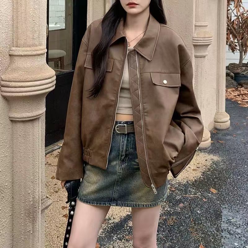 美式復古咖色PU皮衣外套秋季2023新款女裝甜酷風寬鬆機車夾克上衣