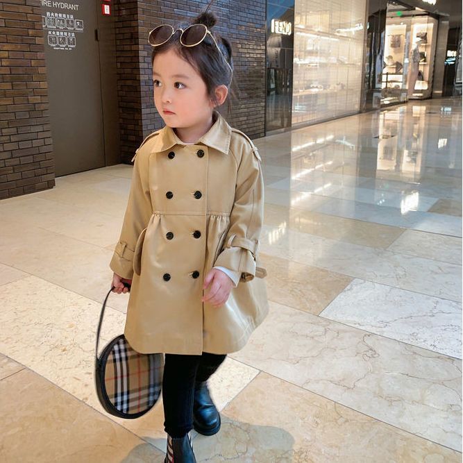 Versatile Spring and Autumn Girls' Windbreaker Long Sleeve Khaki POLO Collar Casual