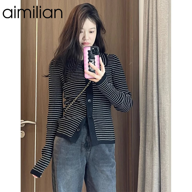aimilian高級感條紋polo領針織開衫女春秋季修身顯瘦短款毛衣外套