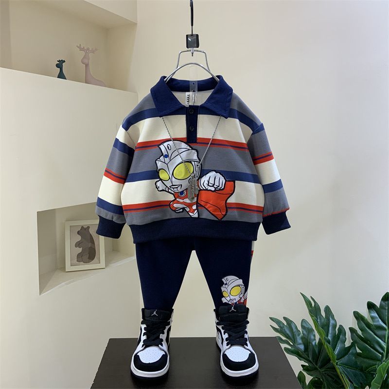 奧特曼衣服男童秋裝衛衣套裝2023新款帥氣時髦兒童春秋款POLO衫潮