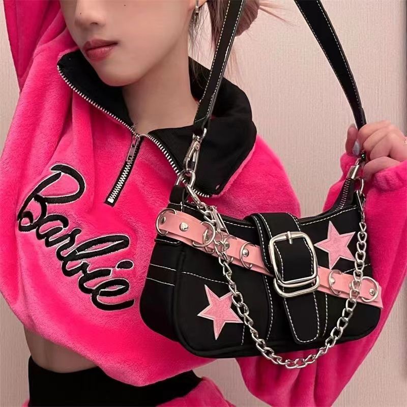 2024 new niche design pink belt star baguette shoulder bag y2k hot girl chain armpit bag for women