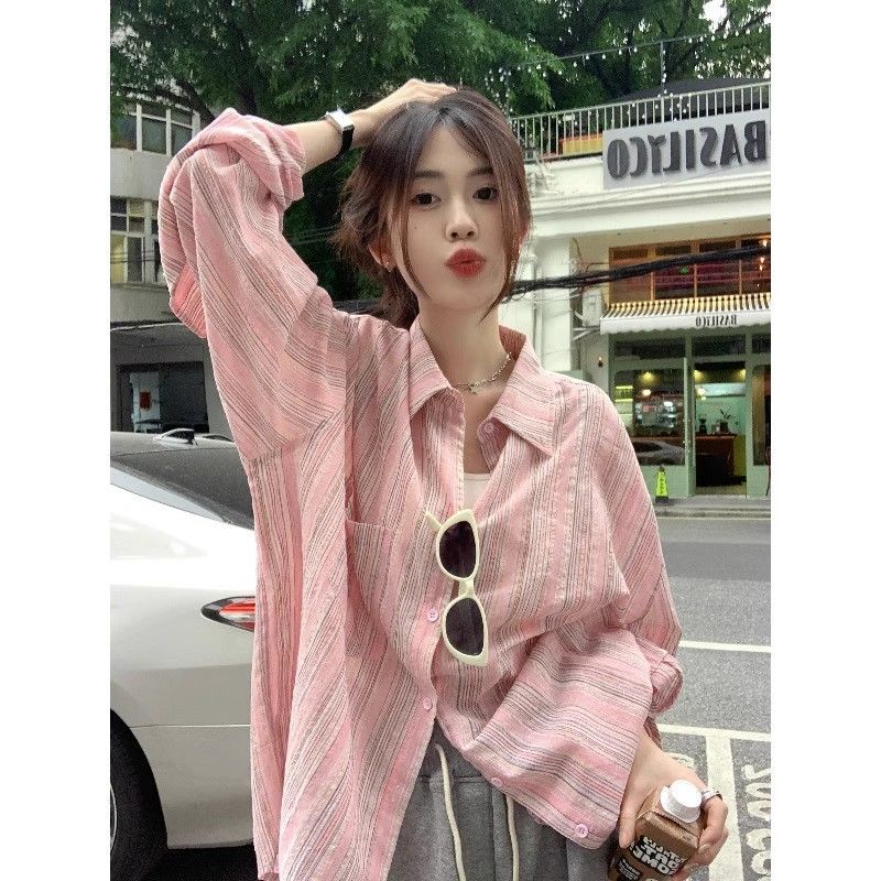 粉色條紋襯衫外套女2023年春秋新款純棉襯衣慵懶風設計感防曬上衣