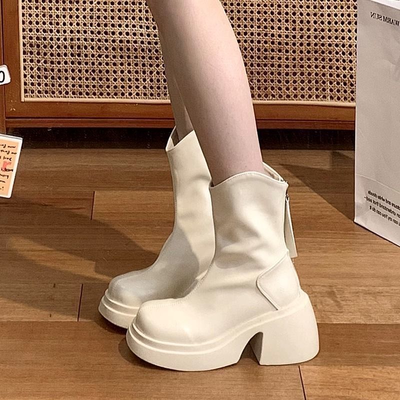 Small British style white thick-soled Martin boots for women, autumn and winter 2023 new retro thin thick-heeled short boots