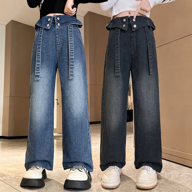 女童牛仔褲洋氣休閒褲2023新款中大童女孩顯瘦百搭春秋款時尚褲子