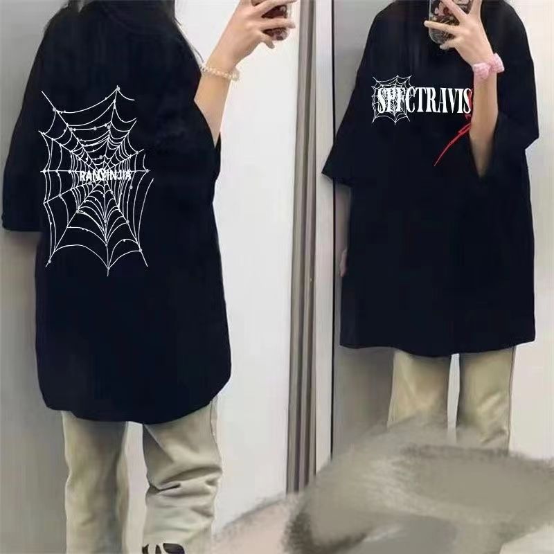 100%純棉美式復古蜘蛛印花短袖t恤男女寬鬆oversize百搭半袖上衣