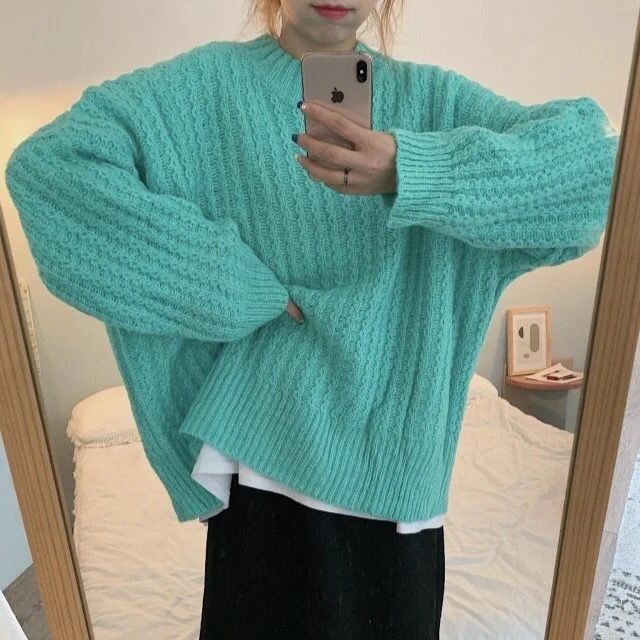 秋冬新款韓版慵懶風圓領套頭麻花毛衣女士寬鬆外穿復古長袖針織衫