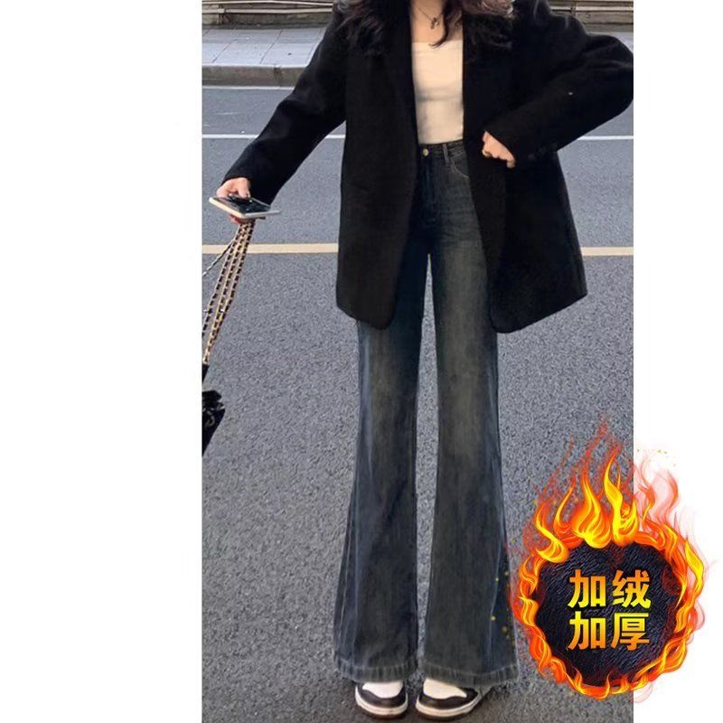 美式復古微喇牛仔褲女冬季小眾設計感加絨褲子高腰顯瘦別致喇叭褲