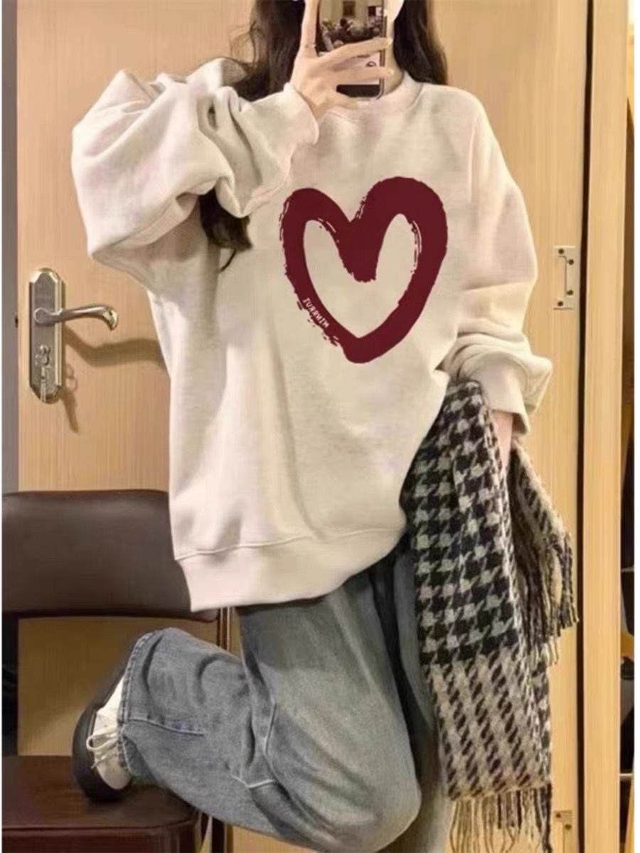 美式復古灰色愛心衛衣女薄款春秋套頭原宿慵懶風無帽純棉長袖上衣