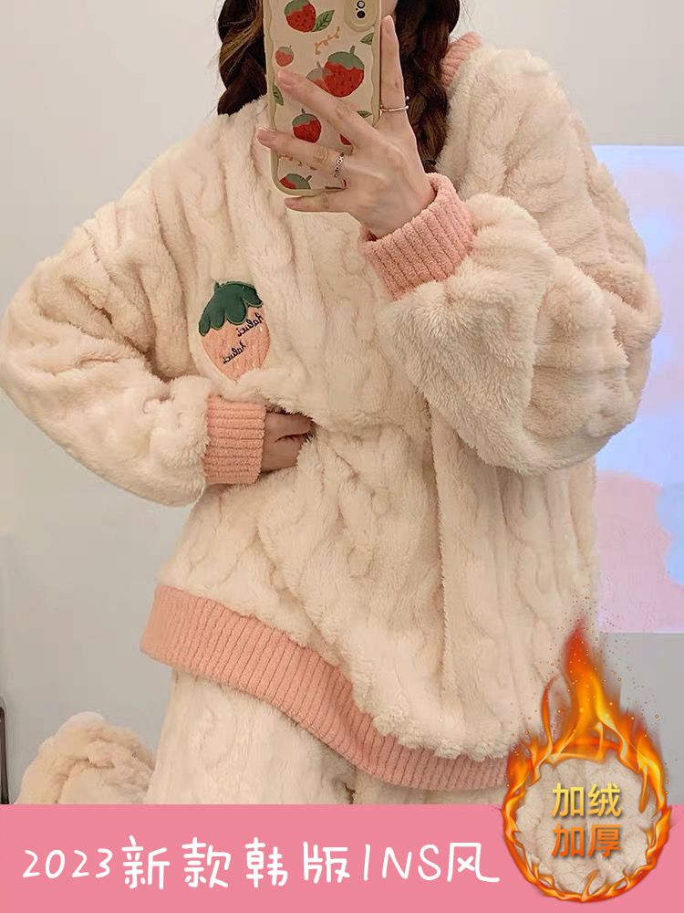 珊瑚絨睡衣女秋冬款加絨加厚保暖2023新款ins風大碼法蘭絨家居服