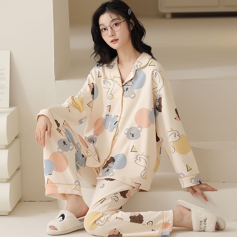 高檔純棉睡衣女春秋款休閒開衫長袖寬鬆套裝冬天月子家居服可外穿
